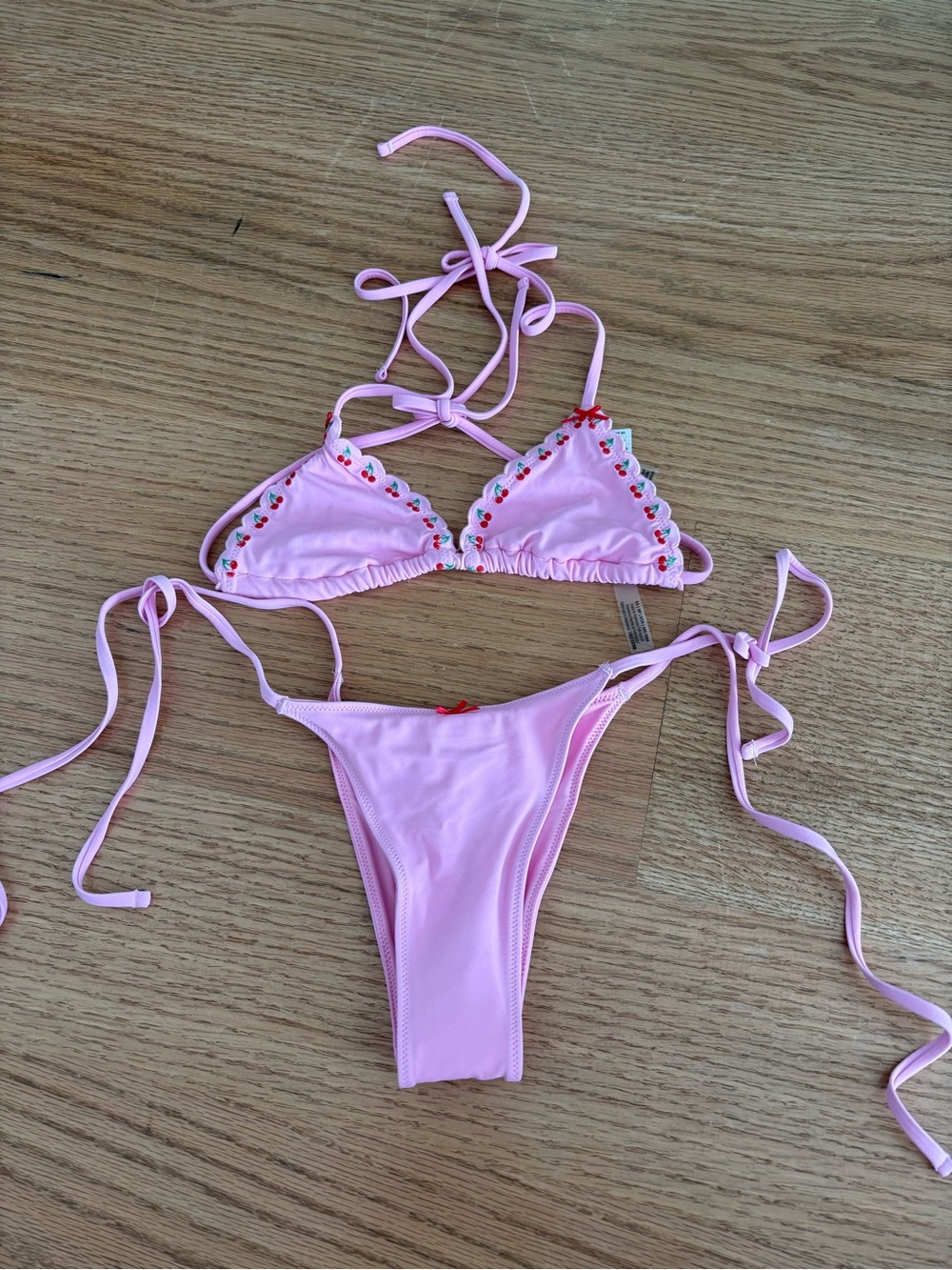 Pink Triangle String Bikini with Embroidered Trim